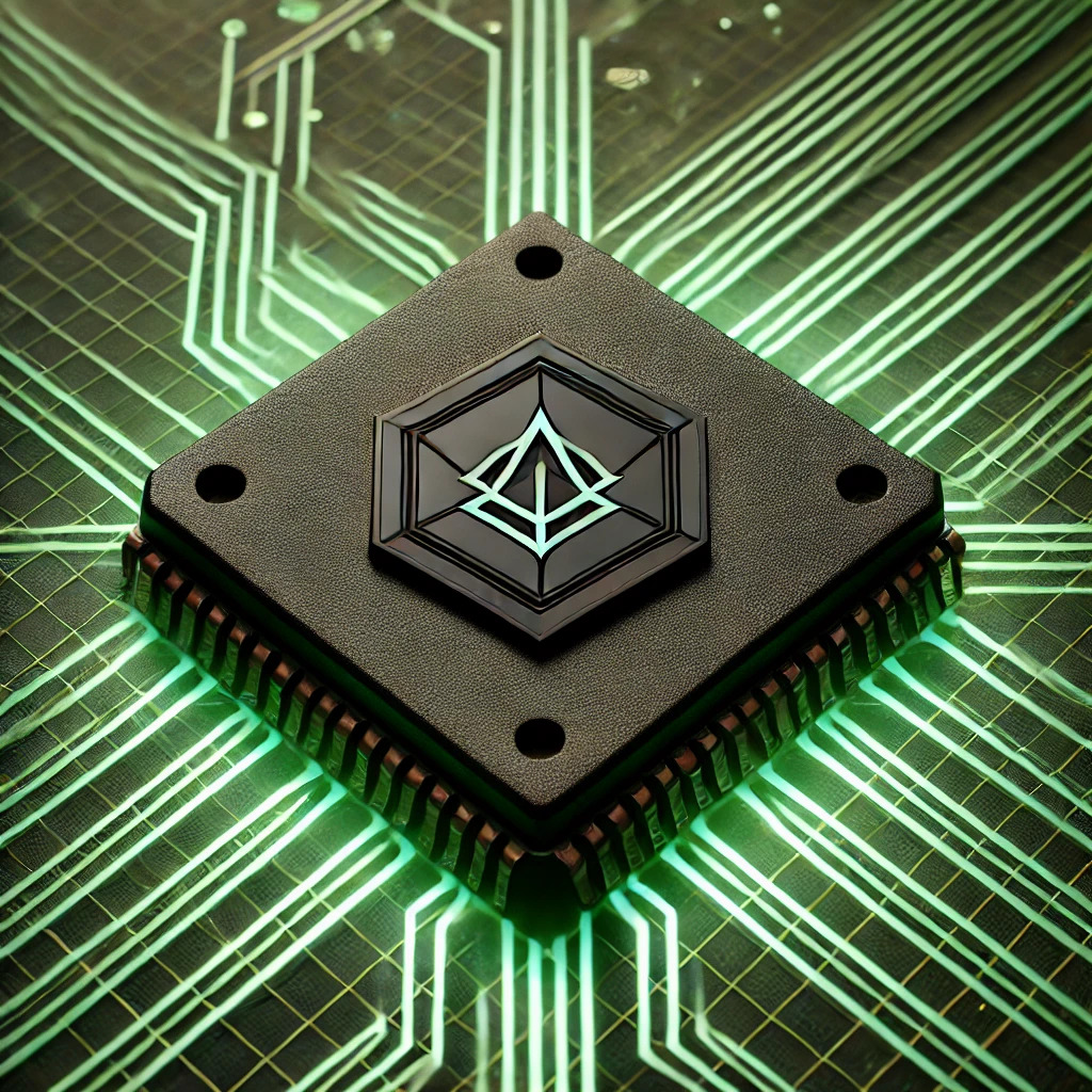 DALL·E 2024-06-27 16.58.48 - A close-up of a black chip with a geometric logo on it, placed on a green signal background. The background should have a futuristic, glowing grid pat